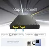 A power bank with charging ports and indicator lights, set against a dynamic, streaking background suggesting speed. Text overlays highlight features and supported protocols. Images of smartphones are shown at the bottom. Náhled obrázku produktu