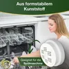 A woman is standing next to an open dishwasher, holding a white round object. Produktbild-Vorschau