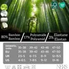 A collage featuring a lush bamboo forest, material composition details, size charts, and care instructions for socks. Produktbild-Vorschau