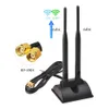 A dual-band WiFi antenna with two antennas, a base, and connecting cables with RP-SMA connectors, shown against a white background. Text overlays indicate frequency bands (2.4G, 5.8G), gain (6 dBi), and connector type (RP-SMA). Produktbild-Vorschau