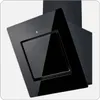 A black glass kitchen range hood is shown against a white and light gray background. Produktbild-Vorschau