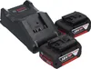 A black Bosch battery charger and two black Bosch 18V lithium-ion batteries are arranged on a white background. Produktbild-Vorschau