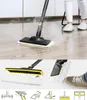 A collage of images showing a steam cleaner in use and its accessories, with diagrams illustrating its functionality. Podgląd zdjęcia produktu