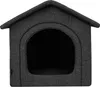 A dark gray fabric dog house with an arched entrance, shown from the front against a white background. Podgląd zdjęcia produktu