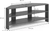 A 3D rendering of a dark gray corner TV stand with dimensions indicated by measurement lines and text. Produktbild-Vorschau