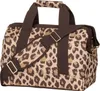 A leopard print duffel bag with brown straps and handles, shown against a white background. Náhled obrázku produktu