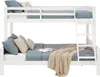 A white wooden bunk bed with blue bedding and pillows. Náhľad obrázku produktu