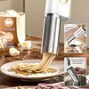 A collage of images showing a hand-held electric spaghetti maker in use, its features, and cleaning. Produktbild-Vorschau