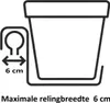 Diagram showing how a hanging planter attaches to a railing, with a measurement indicating the maximum railing width. Náhľad obrázku produktu