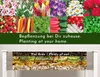 A collage of plants and vegetables above text about planting, followed by a layered diagram of soil and organic matter in a raised garden bed. Produktbild-Vorschau