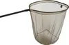 A fishing net with a black handle and a green mesh net, isolated on a white background. Produktbild-Vorschau