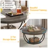 Collage of images showing a round coffee table with storage. Produktbild-Vorschau