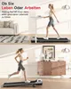 A woman is shown using a walking pad in two different scenarios: one while working at a standing desk and another while running. Produktbild-Vorschau