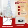 A white artificial Christmas tree with colorful LED lights and snowflake ornaments, displayed indoors with gift boxes at its base. The image also includes marketing details about the product's features and accessories. Produktbild-Vorschau