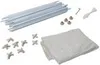 A collection of parts for a white metal pavilion, including poles, connectors, and fabric. Produktbild-Vorschau