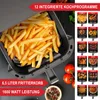 An air fryer with fries in its basket, surrounded by graphics showing different cooking programs. Produktbild-Vorschau