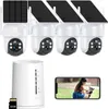 A set of solar-powered security cameras with a base station and a smartphone displaying a live feed. Náhled obrázku produktu