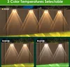 Three different color temperatures of solar wall lights are shown illuminating a wooden fence and grass at night. Produktbild-Vorschau