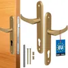 A set of gold-colored door handles and related hardware, including a door latch mechanism, screws, and a 'Made in EU' tag, are displayed against a white background. One handle is shown attached to a wooden door. Produktbild-Vorschau