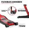 Diagram showing features and dimensions of a hydraulic car jack. Produktbild-Vorschau