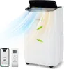 A white portable air conditioner with air flowing out, shown with a smartphone app interface and a remote control. Voir les images du produit