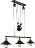 A black pendant light with three shades and a pulley system, set against a white background. Anteprima dell’immagine prodotto