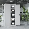 A metal storage cabinet with its doors open, displaying shelves filled with office supplies and binders. The cabinet is in an office-like setting with plants and glass partitions in the background. Dimensions are indicated with overlay text. Náhľad obrázku produktu