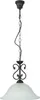 A hanging pendant light with a black metal frame and a white frosted glass shade. Produktbild-Vorschau