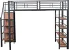 A loft bed with shelves on the left and right sides, and stairs on the left. Podgląd zdjęcia produktu