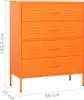 An orange four-drawer dresser with louvered drawer fronts and thin metal legs. Dimensions are provided. Anteprima dell’immagine prodotto