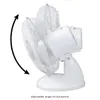 A white desk fan shown from the side with an arrow indicating its adjustable angle. Podgląd zdjęcia produktu