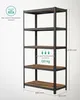 A tall, black metal shelving unit with wooden shelves against a light gray background. Produktbild-Vorschau