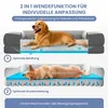 An illustration showing two sides of an orthopedic dog bed with a dog on each side, highlighting different features. Produktbild-Vorschau