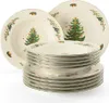 A stack of white plates with a Christmas tree design and a green rim, with two larger plates visible behind the stack. Produktbild-Vorschau