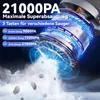 Close-up of a vacuum cleaner motor with glowing blue accents and swirling dust particles, overlaid with marketing text. Produktbild-Vorschau