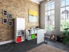 A modern home office setup with a white desk, storage cabinets, and a guitar. Produktbild-Vorschau