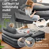 An inflatable air mattress with an attached backrest and armrests, shown in use by a person relaxing on it. The image also highlights features like a detachable backrest, a click-in mechanism, and a cup holder. Produktbild-Vorschau