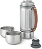 A stainless steel thermos bottle with two cups and a lid, presented on a white background. Voir les images du produit