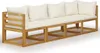 A long, four-seater outdoor sofa made of light-colored wood with cream-colored cushions, shown from a side-front angle against a white background. Produktbild-Vorschau