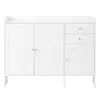 A white cabinet with arched doors and drawers, shown from the front. Produktbild-Vorschau