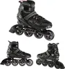 Three views of a pair of black and purple inline skates against a white background. Voir les images du produit