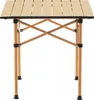 A folding wooden table with metal legs and supports, shown from the front. Produktbild-Vorschau