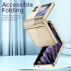A gold flip phone case is shown in an open, dynamic pose against a blue, curtain-like background. Produktbild-Vorschau