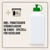 A white plastic bottle with a green cap and a graphic of a bucket with a bottle inside, next to a plus sign and text. Produktbild-Vorschau