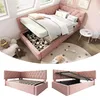 A collage of images showing a pink upholstered bed with storage, a child's room setting, and close-ups of the bed's features. Produktbild-Vorschau