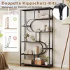 A tall, multi-shelf bookcase with a dark metal frame and wooden shelves, decorated with geometric shapes. There are also inset images showing safety features and a diagram. Produktbild-Vorschau