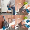 A collage of four images showing a person using a Black & Decker handheld vacuum cleaner in different stages of use and cleaning. Produktbild-Vorschau