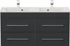 A double vanity bathroom cabinet with two sinks and faucets. Produktbild-Vorschau
