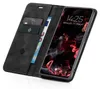 A black flip-style phone case with card slots and a phone inside showing the screen. Produktbild-Vorschau