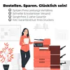 A woman stands next to a printer with promotional text above. Produktbild-Vorschau